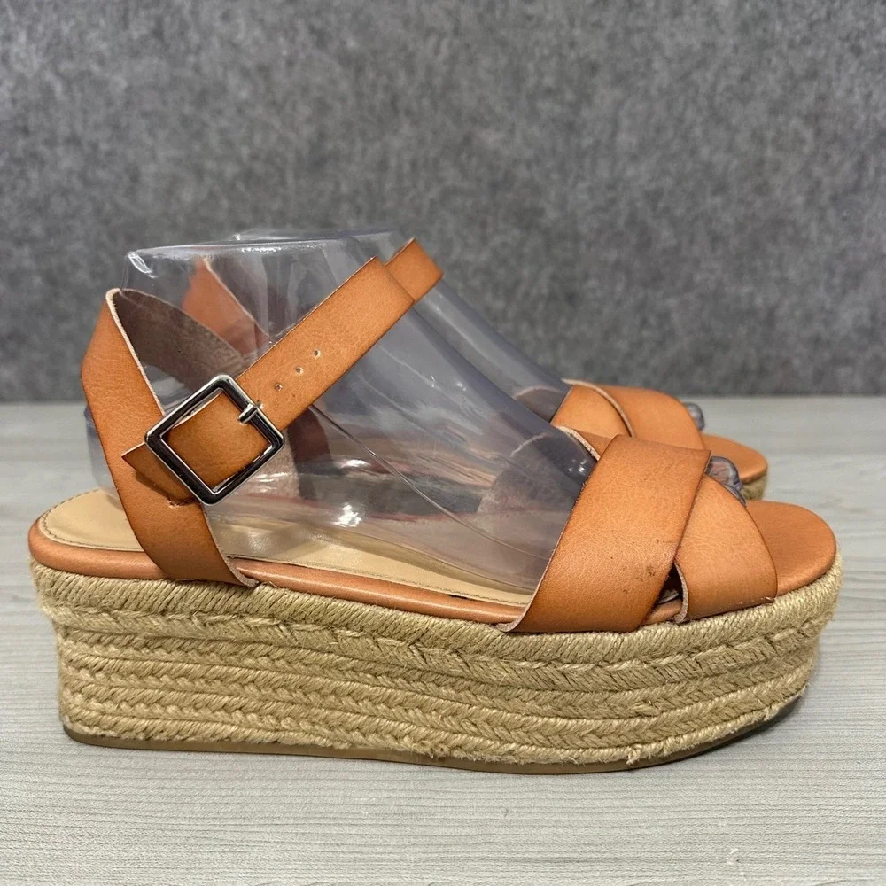 EXPRESS Women Tan‎ Leather Espadrille Platform Wedge Sandals Size 9